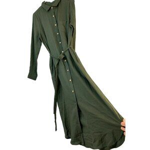 Karen Kane M Womens Olive Green Belted Button-Down Midi Shirt Dress Linen USA